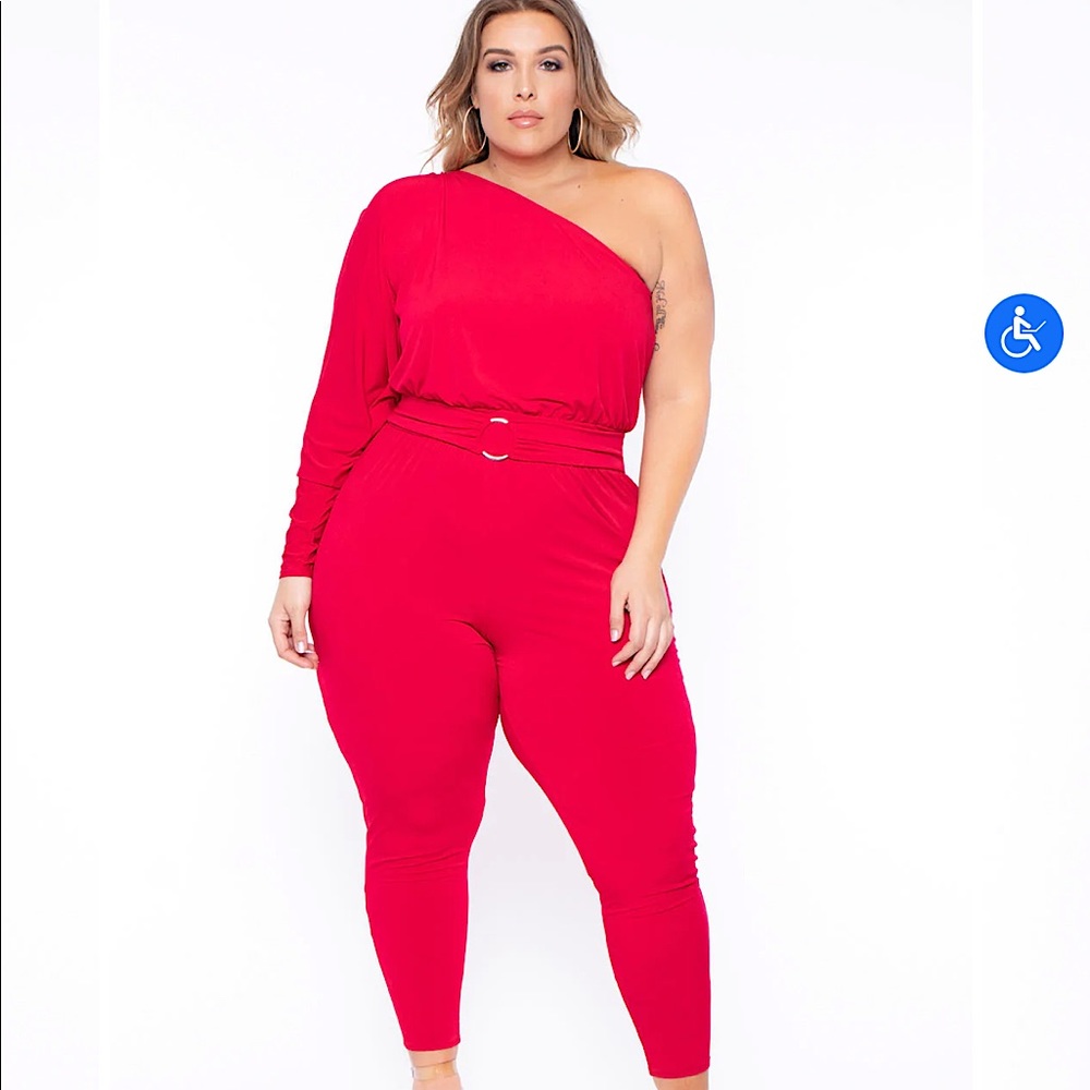 Red one shoulder jumpsuit.